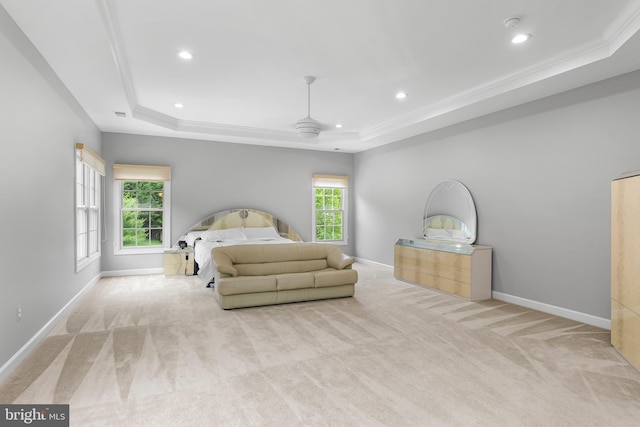 12406 Old Grey Mare Ct, Reisterstown, MD 21136 - bedroom featuring a raised ceiling, carpet floors, recessed lighting, baseboards, and crown molding