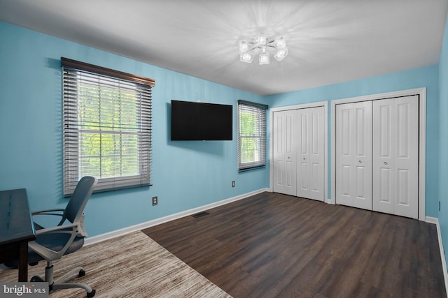 410 Metropolitan Blvd, Pasadena, MD 21122 - office with a chandelier, dark wood-type flooring, and baseboards