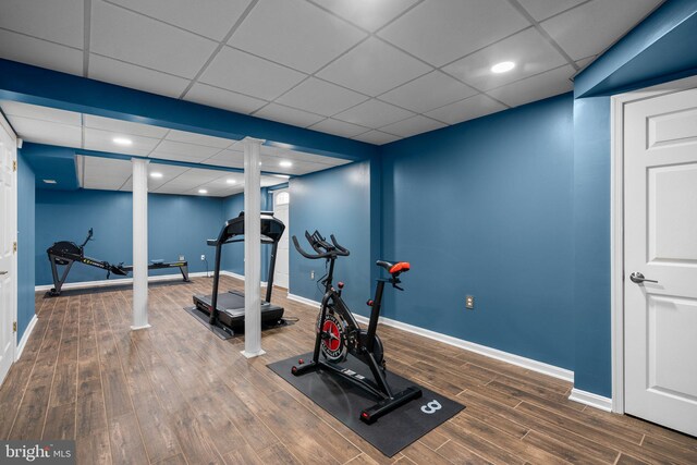 410 Metropolitan Blvd, Pasadena, MD 21122 - exercise room with wood finished floors, baseboards, a drop ceiling, and recessed lighting