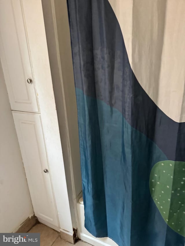 bathroom with a shower with curtain and baseboards