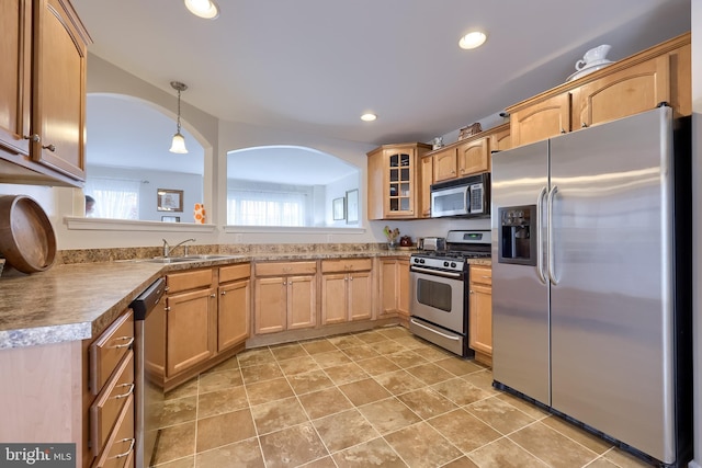 kitchen with appliances with stainless steel finishes, plenty of natural light, a sink, glass insert cabinets, and recessed lighting