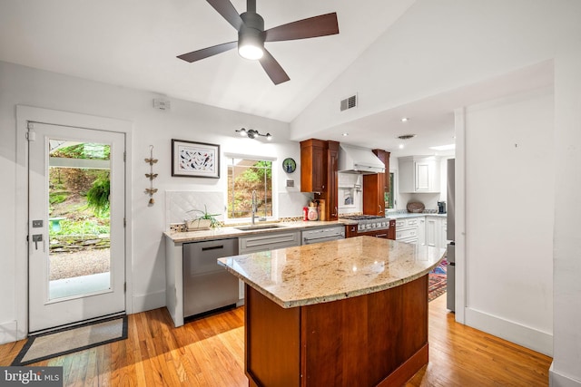 kitchen with dishwasher, a sink, custom exhaust hood, light wood-type flooring, and plenty of natural light