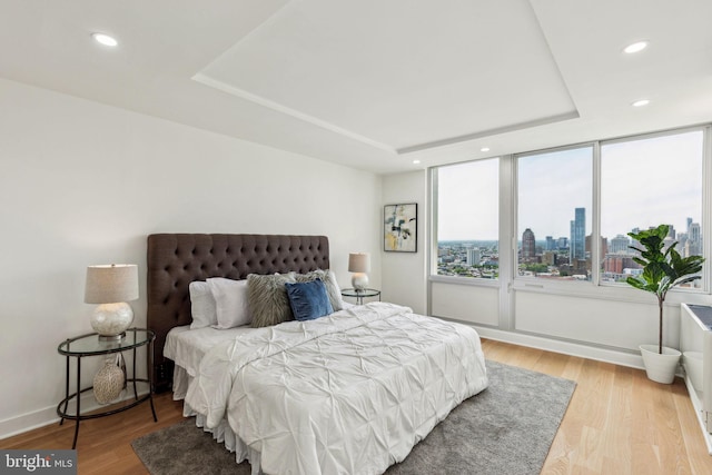 604 S Washington Sq Unit 2917, Philadelphia, PA 19106 - bedroom with a raised ceiling, recessed lighting, a view of city, and light wood-type flooring