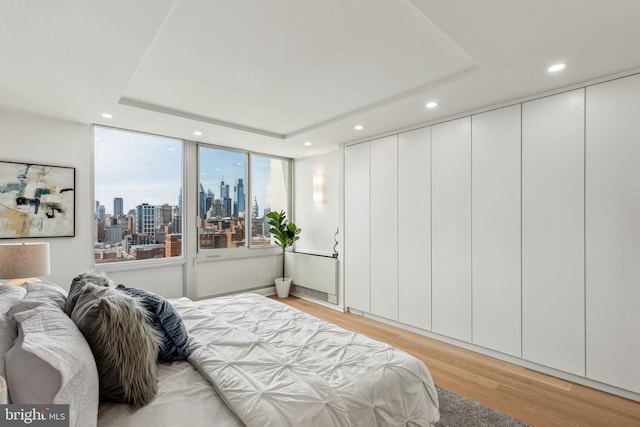 604 S Washington Sq Unit 2917, Philadelphia, PA 19106 - bedroom featuring recessed lighting, a skyline view, light wood-style flooring, and a raised ceiling