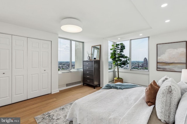 604 S Washington Sq Unit 2917, Philadelphia, PA 19106 - bedroom featuring light wood-type flooring, recessed lighting, baseboards, and a closet
