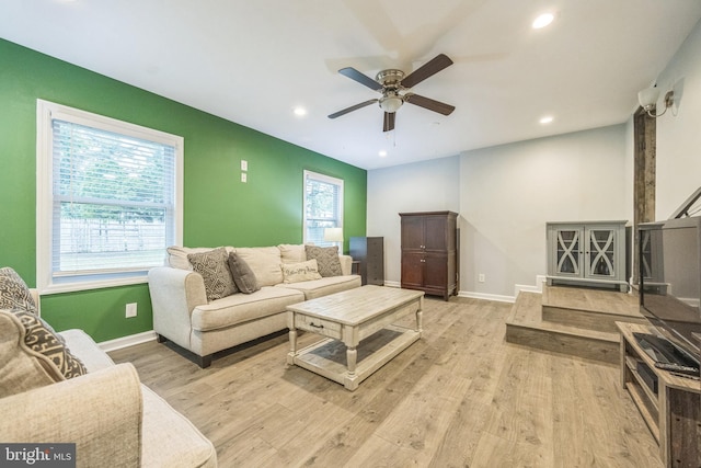 19 Deerpond Blvd, Atco, NJ 08004 - living area featuring a ceiling fan, light wood-style flooring, plenty of natural light, recessed lighting, and baseboards