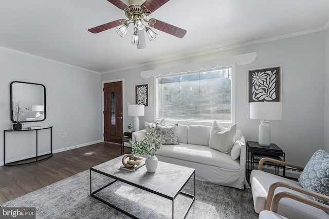 15415 Michigan Rd, Woodbridge, VA 22191 - living area featuring crown molding, a ceiling fan, wood finished floors, and baseboards