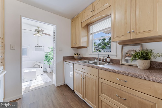 15415 Michigan Rd, Woodbridge, VA 22191 - kitchen with light brown cabinetry, white dishwasher, a sink, and dark wood-type flooring