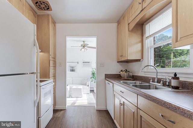 15415 Michigan Rd, Woodbridge, VA 22191 - kitchen with white appliances, a sink, light brown cabinetry, dark wood finished floors, and a ceiling fan