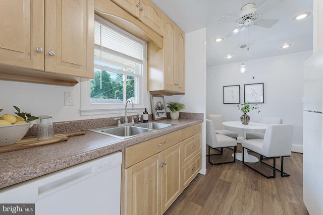 15415 Michigan Rd, Woodbridge, VA 22191 - kitchen featuring light brown cabinets, white appliances, a sink, wood finished floors, and recessed lighting