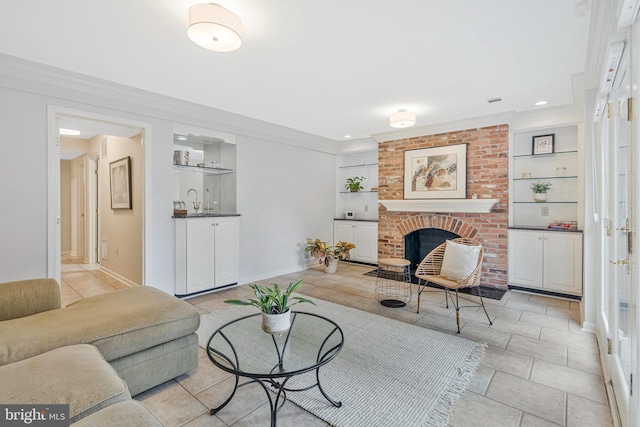 1153 Randolph Rd, Mclean, VA 22101 - living room with built in features, a fireplace, crown molding, recessed lighting, and bar area