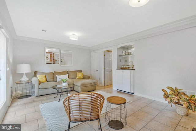 1153 Randolph Rd, Mclean, VA 22101 - living room featuring ornamental molding, light tile patterned floors, and bar