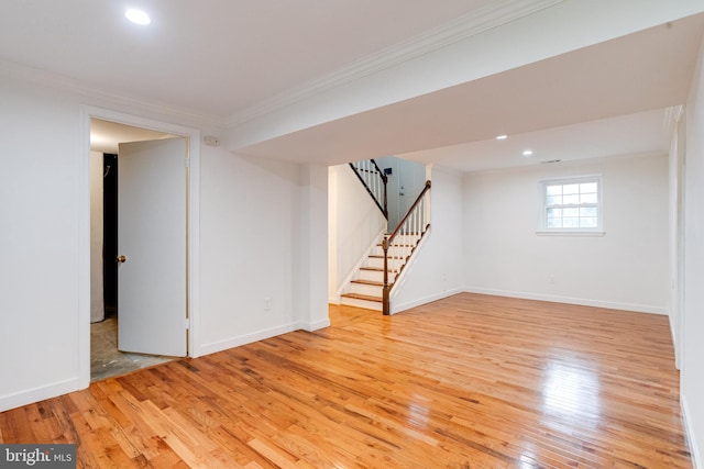5 Wood Oak, Nottingham, MD 21236 - below grade area with ornamental molding, light wood-type flooring, stairway, and recessed lighting