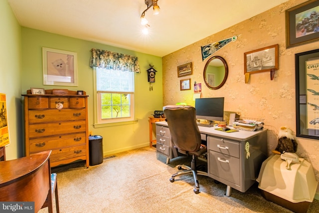 home office with light colored carpet and baseboards