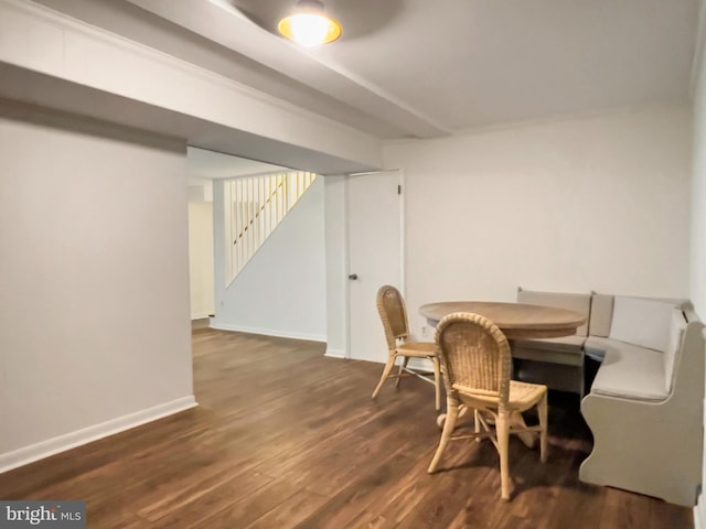 11600 Saddleback Dr, Fredericksburg, VA 22407 - dining room featuring dark wood-style flooring, stairs, and baseboards