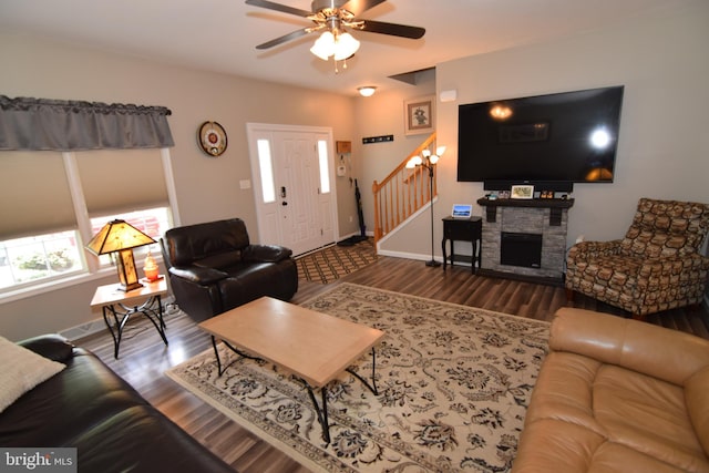 359 Eagle Way, Smyrna, DE 19977 - living room with stairs, a ceiling fan, wood finished floors, and baseboards