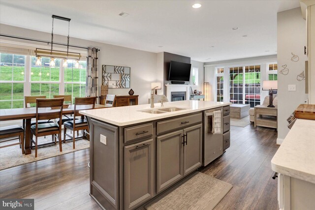 3118 Grove Ct, Mechanicsburg, PA 17055 - kitchen with gray cabinetry, light countertops, healthy amount of natural light, dark wood-style floors, and recessed lighting