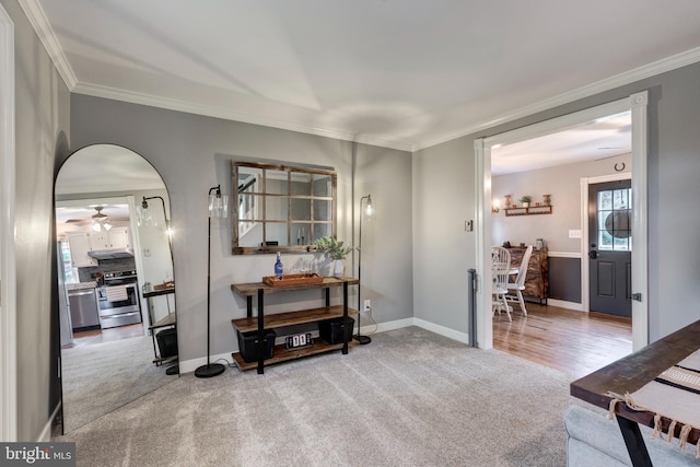 10303 Coppermine Ct, Union Bridge, MD 21791 - carpeted entryway with ornamental molding, a ceiling fan, baseboards, and arched walkways