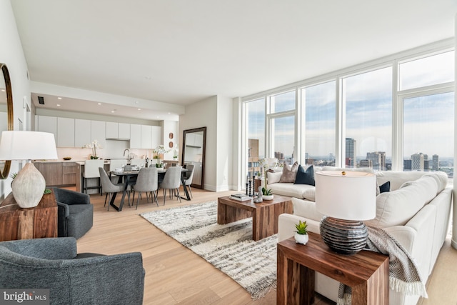 living area featuring light wood-style floors, plenty of natural light, and a view of city