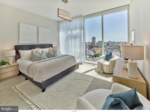 bedroom with light colored carpet, access to exterior, and a city view