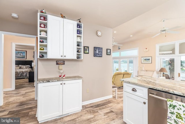 18 Ebb Tide Ct, Ocean Pines, MD 21811 - kitchen with open shelves, ceiling fan, stainless steel dishwasher, white cabinets, and recessed lighting