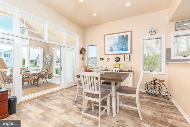 18 Ebb Tide Ct, Ocean Pines, MD 21811 - dining space with light wood-type flooring, recessed lighting, baseboards, a ceiling fan, and lofted ceiling
