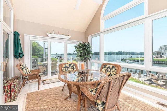 18 Ebb Tide Ct, Ocean Pines, MD 21811 - sunroom with tile patterned flooring, a water view, and high vaulted ceiling