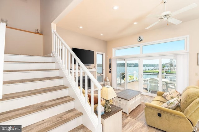 18 Ebb Tide Ct, Ocean Pines, MD 21811 - stairs with wood finished floors, recessed lighting, and ceiling fan