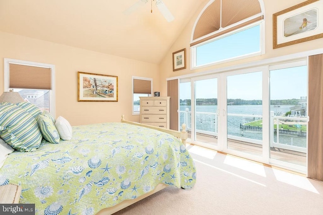 18 Ebb Tide Ct, Ocean Pines, MD 21811 - carpeted bedroom with access to exterior, a water view, high vaulted ceiling, and a ceiling fan