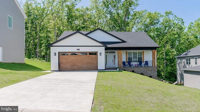 4115 Romney Ct, Rockingham, VA 22802 - view of front of house with driveway, an attached garage, a front yard, a porch, and a shingled roof