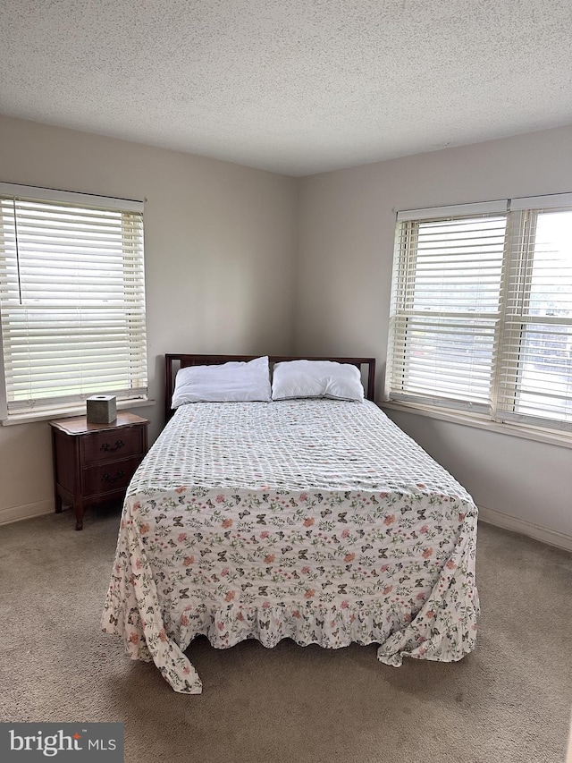 bedroom featuring multiple windows, light carpet, a textured ceiling, and baseboards
