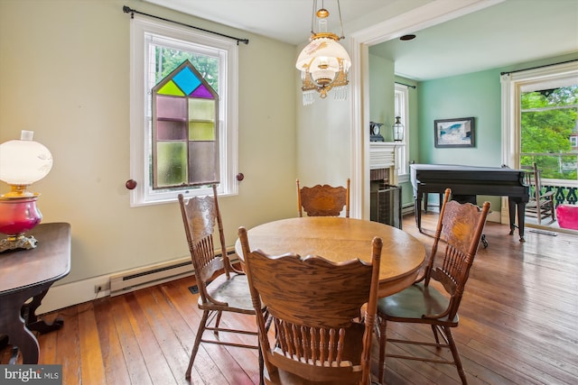 501 Park Row Pl, Harpers Ferry, WV 25425 - dining area with hardwood / wood-style floors, baseboard heating, and a fireplace