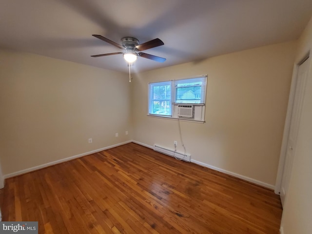 117 S Shenandoah Ave, Front Royal, VA 22630 - unfurnished bedroom with a baseboard heating unit, wood finished floors, baseboards, cooling unit, and ceiling fan