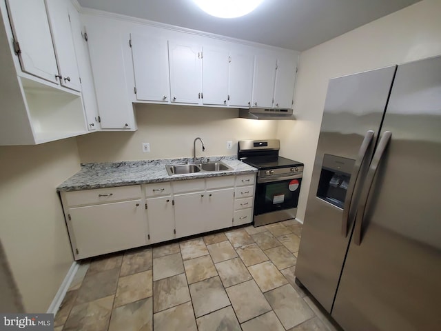 117 S Shenandoah Ave, Front Royal, VA 22630 - kitchen featuring appliances with stainless steel finishes, a sink, white cabinetry, under cabinet range hood, and baseboards
