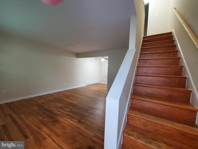 117 S Shenandoah Ave, Front Royal, VA 22630 - staircase with a baseboard radiator, wood finished floors, ceiling fan, and baseboards