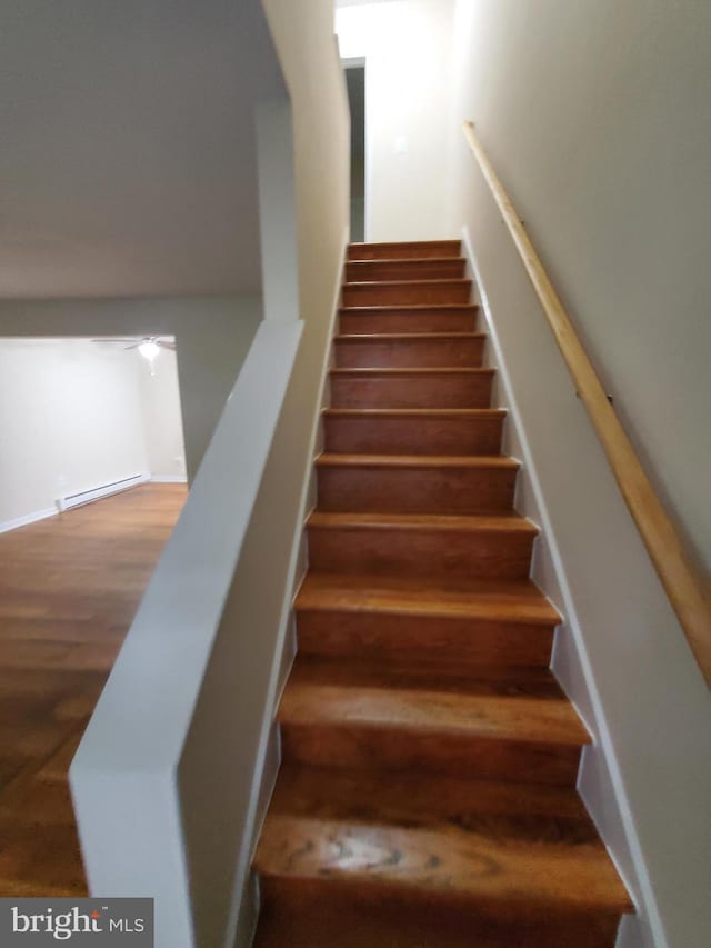 117 S Shenandoah Ave, Front Royal, VA 22630 - stairway with baseboard heating, ceiling fan, and wood finished floors