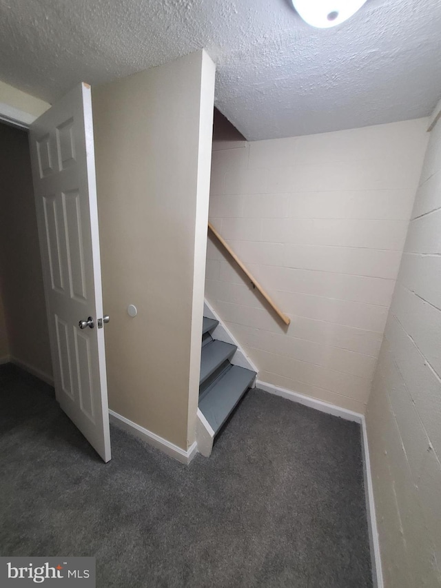 117 S Shenandoah Ave, Front Royal, VA 22630 - stairway featuring carpet floors, a textured ceiling, and concrete block wall