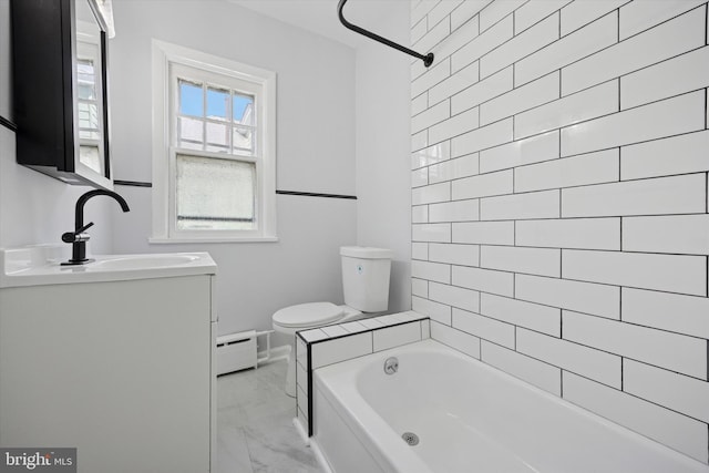 329 Euclid Ave, Trenton, NJ 08609 - full bathroom with baseboard heating, marble look tile flooring, toilet, vanity, and baseboards