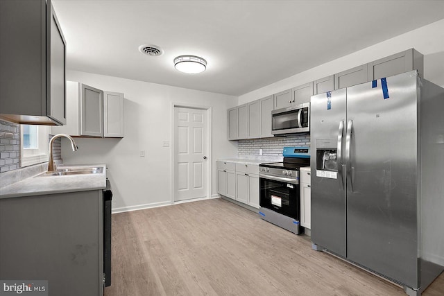 104 Louise Ave, Salisbury, MD 21804 - kitchen with appliances with stainless steel finishes, gray cabinetry, decorative backsplash, light wood-style flooring, and light countertops