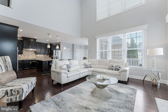 23412 Longollen Woods Ter, Ashburn, VA 20148 - living room with a towering ceiling, dark wood finished floors, and baseboards