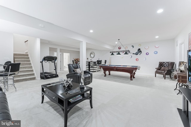 23412 Longollen Woods Ter, Ashburn, VA 20148 - recreation room featuring light carpet, billiards, recessed lighting, and baseboards
