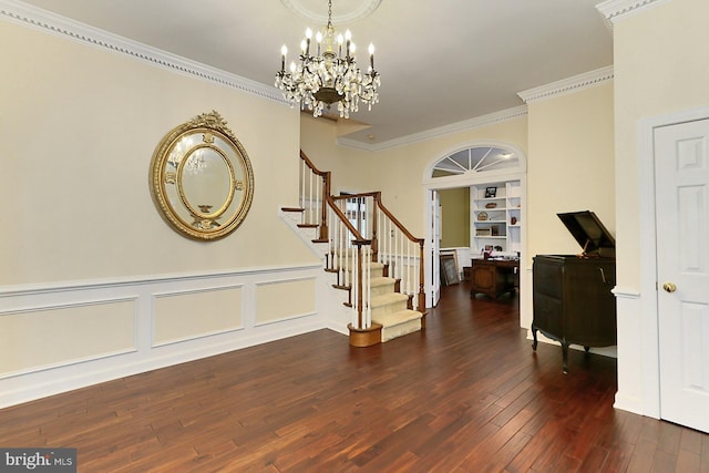 7808 Devereux Manor Ct, Fairfax Station, VA 22039 - foyer featuring ornamental molding, stairs, wood-type flooring, a chandelier, and wainscoting