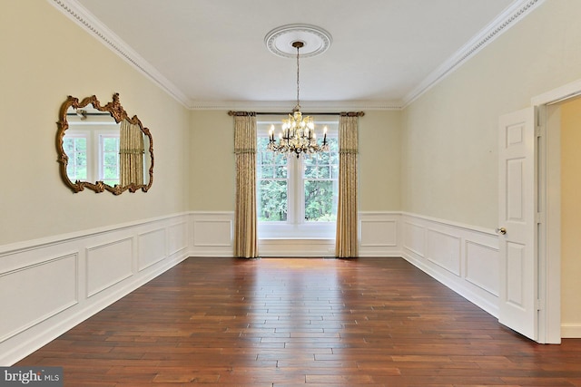 7808 Devereux Manor Ct, Fairfax Station, VA 22039 - unfurnished dining area featuring a chandelier, dark wood-style flooring, ornamental molding, a wainscoted wall, and a decorative wall