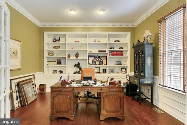 7808 Devereux Manor Ct, Fairfax Station, VA 22039 - office area featuring ornamental molding, dark wood finished floors, wainscoting, and a decorative wall