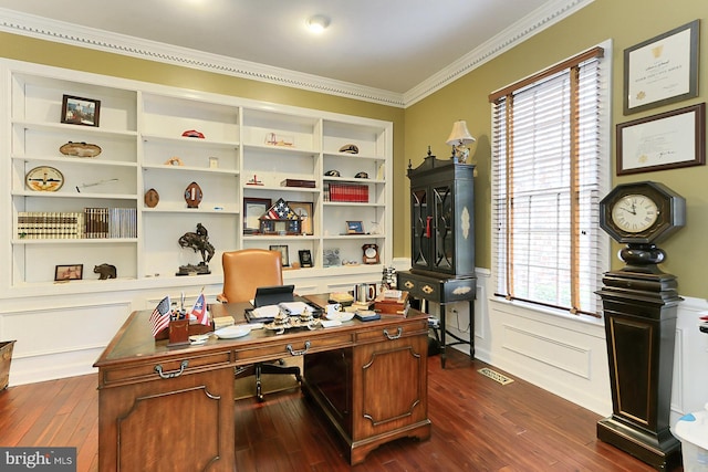 7808 Devereux Manor Ct, Fairfax Station, VA 22039 - home office with crown molding, dark wood finished floors, plenty of natural light, a decorative wall, and a wainscoted wall