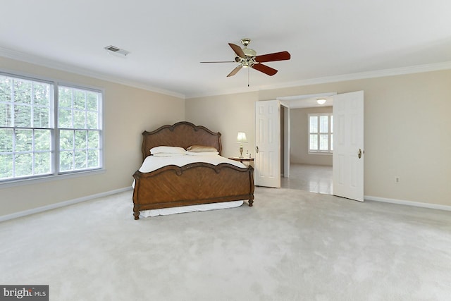 7808 Devereux Manor Ct, Fairfax Station, VA 22039 - bedroom with ornamental molding, baseboards, light colored carpet, and a ceiling fan