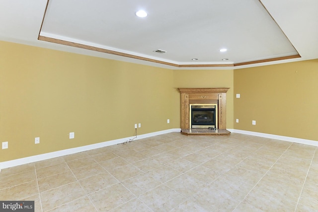 7808 Devereux Manor Ct, Fairfax Station, VA 22039 - unfurnished living room featuring recessed lighting, a glass covered fireplace, light tile patterned floors, baseboards, and ornamental molding