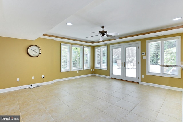 7808 Devereux Manor Ct, Fairfax Station, VA 22039 - empty room with a tray ceiling, french doors, ceiling fan, baseboards, and recessed lighting