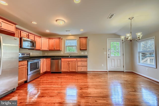 806 Frailey Rd, Emmitsburg, MD 21727 - kitchen featuring appliances with stainless steel finishes, healthy amount of natural light, a chandelier, dark countertops, and recessed lighting