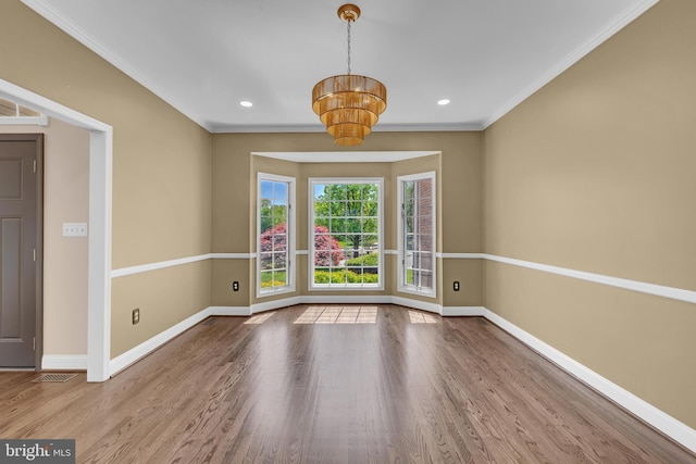 4 Stults Dr, Plainsboro, NJ 08536 - unfurnished dining area featuring baseboards, a chandelier, wood finished floors, ornamental molding, and recessed lighting